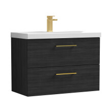 Balterley 800mm Wall Hung Bathroom 2 Drawer Vanity Unit and 1 Tap Hole Ceramic Basin, Woodgrain Black with Brushed Brass Handles
