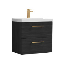 Balterley 600mm Wall Hung Bathroom 2 Drawer Vanity Unit and 1 Tap Hole Ceramic Basin, Woodgrain Black with Brushed Bronze Handles