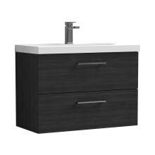 Balterley 800mm Wall Hung Bathroom 2 Drawer Vanity Unit and 1 Tap Hole Ceramic Basin, Woodgrain Black with Brushed Pewter Handles