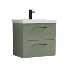 Balterley 600mm Wall Hung Bathroom 2 Drawer Vanity Unit and 1 Tap Hole Ceramic Basin, Satin Green with Black Handles
