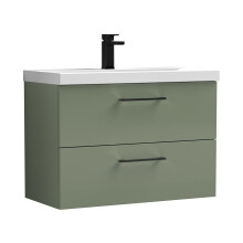 Balterley 800mm Wall Hung Bathroom 2 Drawer Vanity Unit and 1 Tap Hole Ceramic Basin, Satin Green with Black Handles