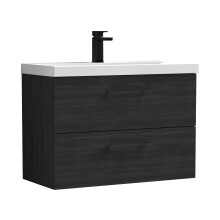 Balterley 800mm Wall Hung Bathroom 2 Drawer Vanity Unit and 1 Tap Hole Ceramic Basin, Woodgrain Black with Black Handles
