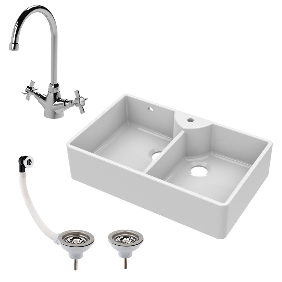 Fireclay 895mm Double Bowl Butler Kitchen Sink - With Overflow, Mixer Tap & Wastes - Traditional Ceramic Belfast