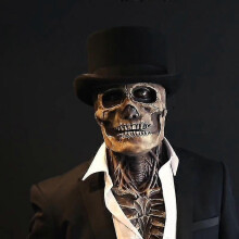(Red skull and Hat) New est Skeleton Bio-mask Halloween Horror Mask Party Cosplay Props Silicone Full Cap Skull Hat