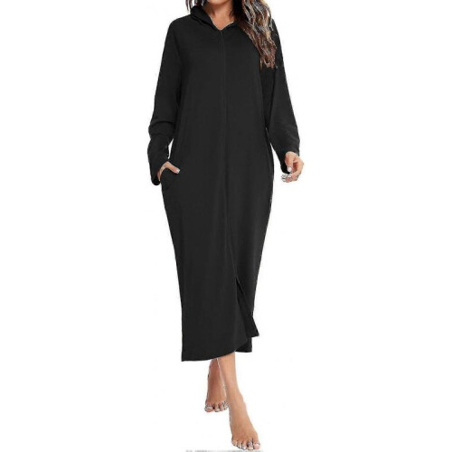(L, Black) Women's Long Robe Hooded Bathrobe Zipper Up Duster Full Length Solid Zekai 2