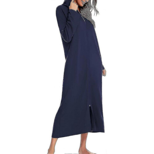 (S, Navy blue) Women's Long Robe Hooded Bathrobe Zipper Up Duster Full Length Solid Zekai 1