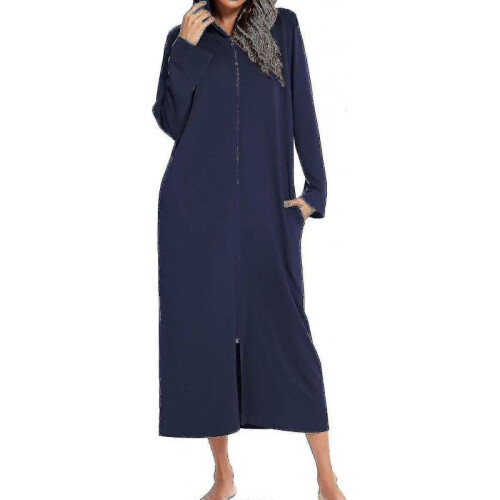 (L, Navy blue) Women's Long Robe Hooded Bathrobe Zipper Up Duster Full Length Solid Zekai 2