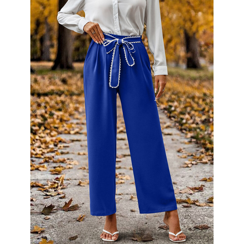 Women's Wide Leg Elastic Pants with Pockets, Blue, Size M-image-OPC-PKWTPMM-NEW