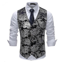 (M, Black Silver) Allthemen Mens V-Neck Printed Business Casual Gold Silver Suit Vest
