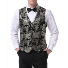 (L, Black Gold) Allthemen Mens V-Neck Printed Business Casual Gold Silver Suit Vest
