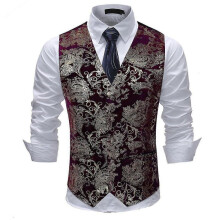 (XL, Red Gold) Allthemen Mens V-Neck Printed Business Casual Gold Silver Suit Vest