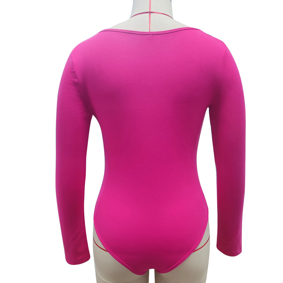 Women's Long Sleeve Bodysuit Rose Red Slim Fit with Wide Neck & Buttons M-image-OPC-PKWTPWH-NEW
