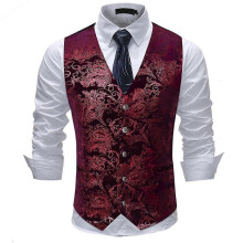 (2XL, Red) Allthemen Mens V-Neck Printed Business Casual Gold Silver Suit Vest