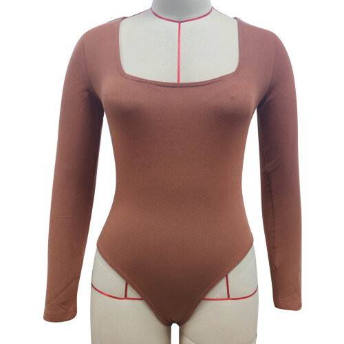 Damen Langarm-Bodysuit Kaffee Breiter Ausschnitt Größe M 2