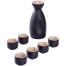 Sake Bottle Black Pottery Sake Set With 1 Bottle And 6 Cups Traditional Japanese Style Triangle Round