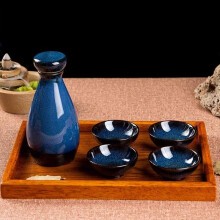 Japanese Sake Set Ceramic 6-Piece Blue With Wood Tray