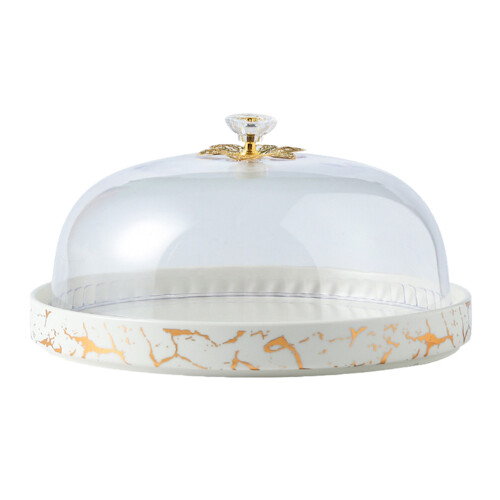 1Pc Ceramic Cake Plate With Transparent Lid White 2