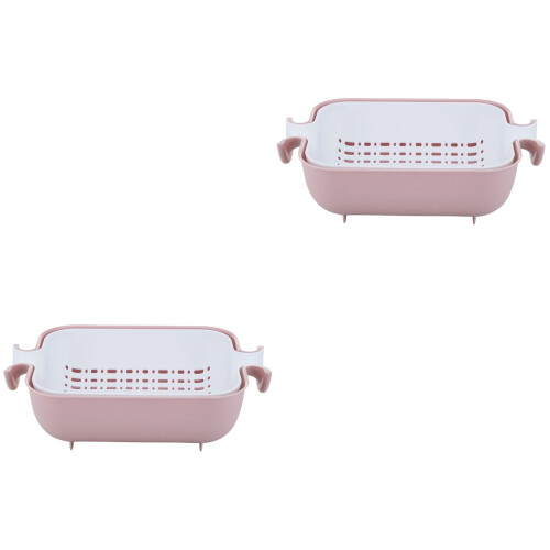 2Pcs Multifunctional Washing Basket Double Layer Draining Rack Pink 2