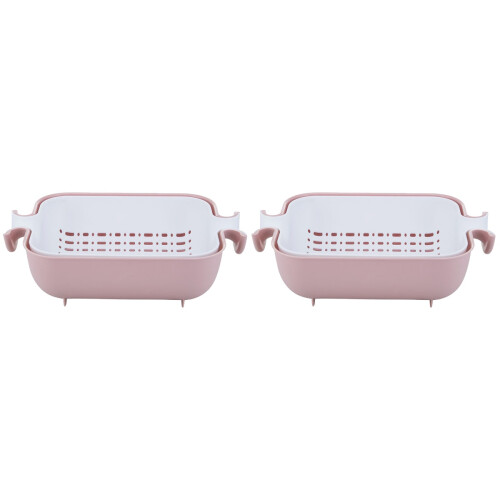 2Pcs Multifunctional Washing Basket Double Layer Draining Rack Pink 1