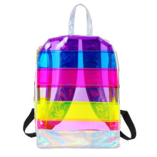 lila glänzender rucksack mit transparenten streifen und regenbogenmuster