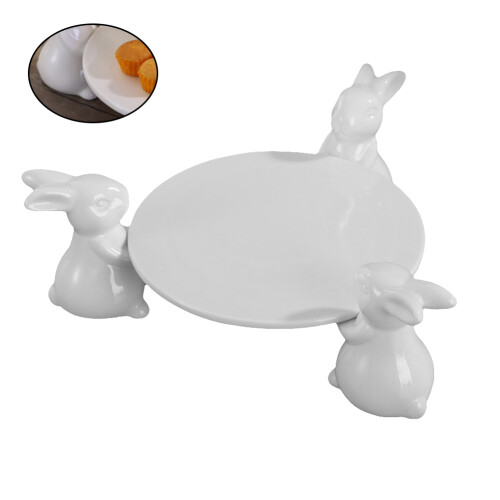 2Pcs Three Rabbit Ceramic Cake Stand Round Tray 33X20X9.5Cm 1