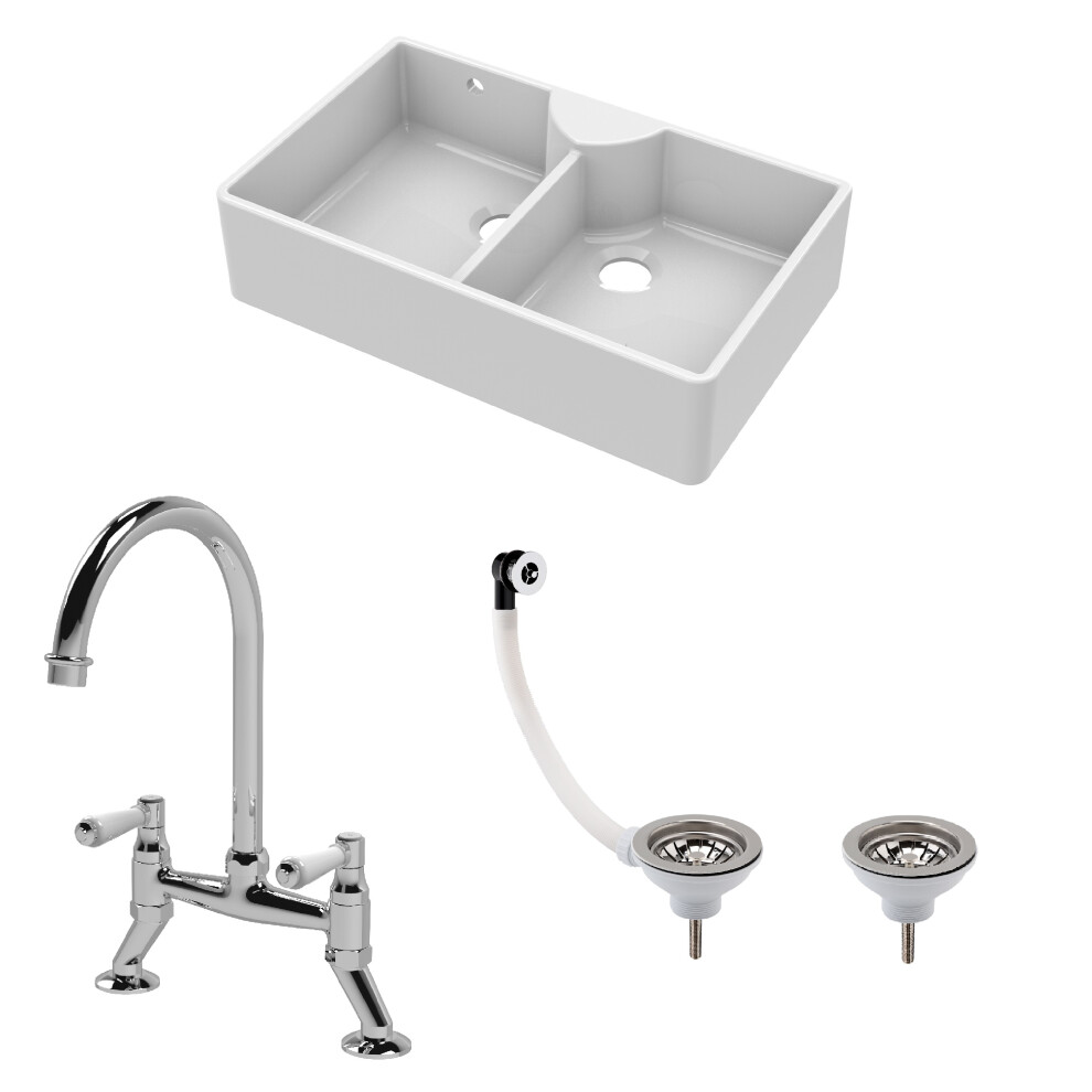 Fireclay 895mm Double Bowl Butler Kitchen Sink Bundle - Stepped Weir, Wastes & Bridge Lever Tap - Ceramic Belfast