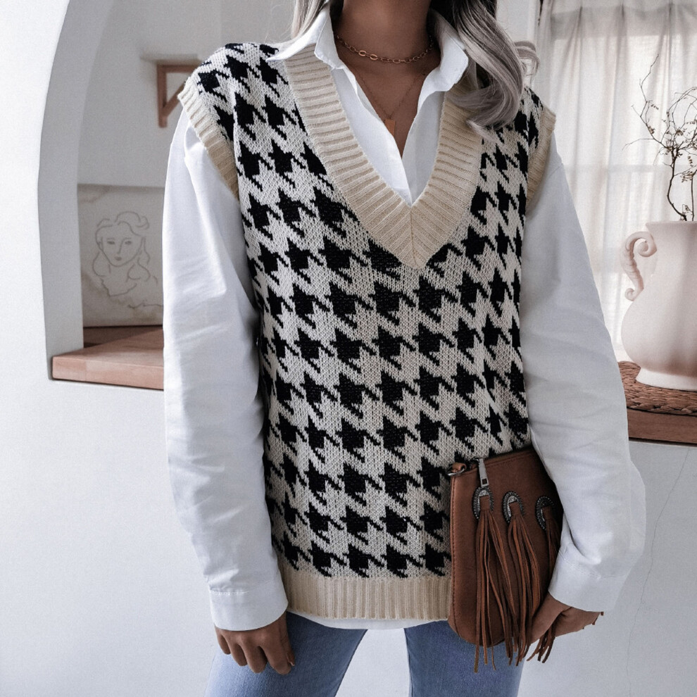 Houndstooth Knit Vest Sweater for Women, V-Neck, Color Block, Apricot S-image-OPC-PKX6C6C-NEW