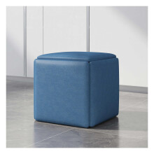 Square Nesting Ottoman Bench 5-in-1 Leather Cube Seat, Stackable Chair with Swivel Casters, Footstool Blue 17.7in Cube