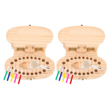 2Set Beige Wooden Tooth Holder for Children Cute Keepsake Box with Lid