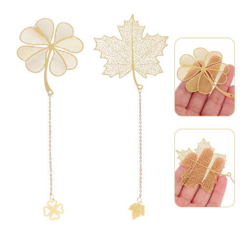 2Pcs Hollow-Out Alloy Leaf Bookmarks For Students 2