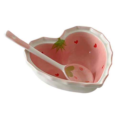 2Pcs Ceramic Heart Bowl And Spoon Set With Strawberry Pattern 1