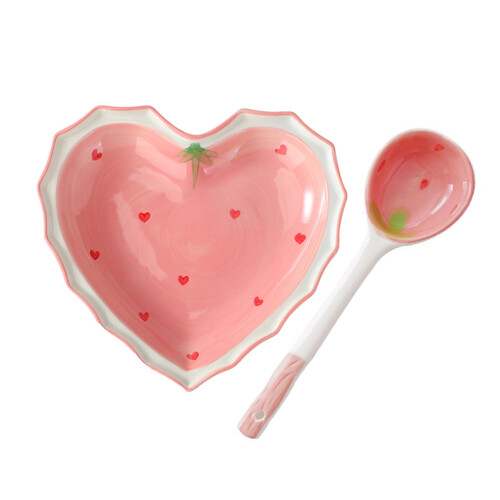 2Pcs Ceramic Heart Bowl And Spoon Set With Strawberry Pattern 2