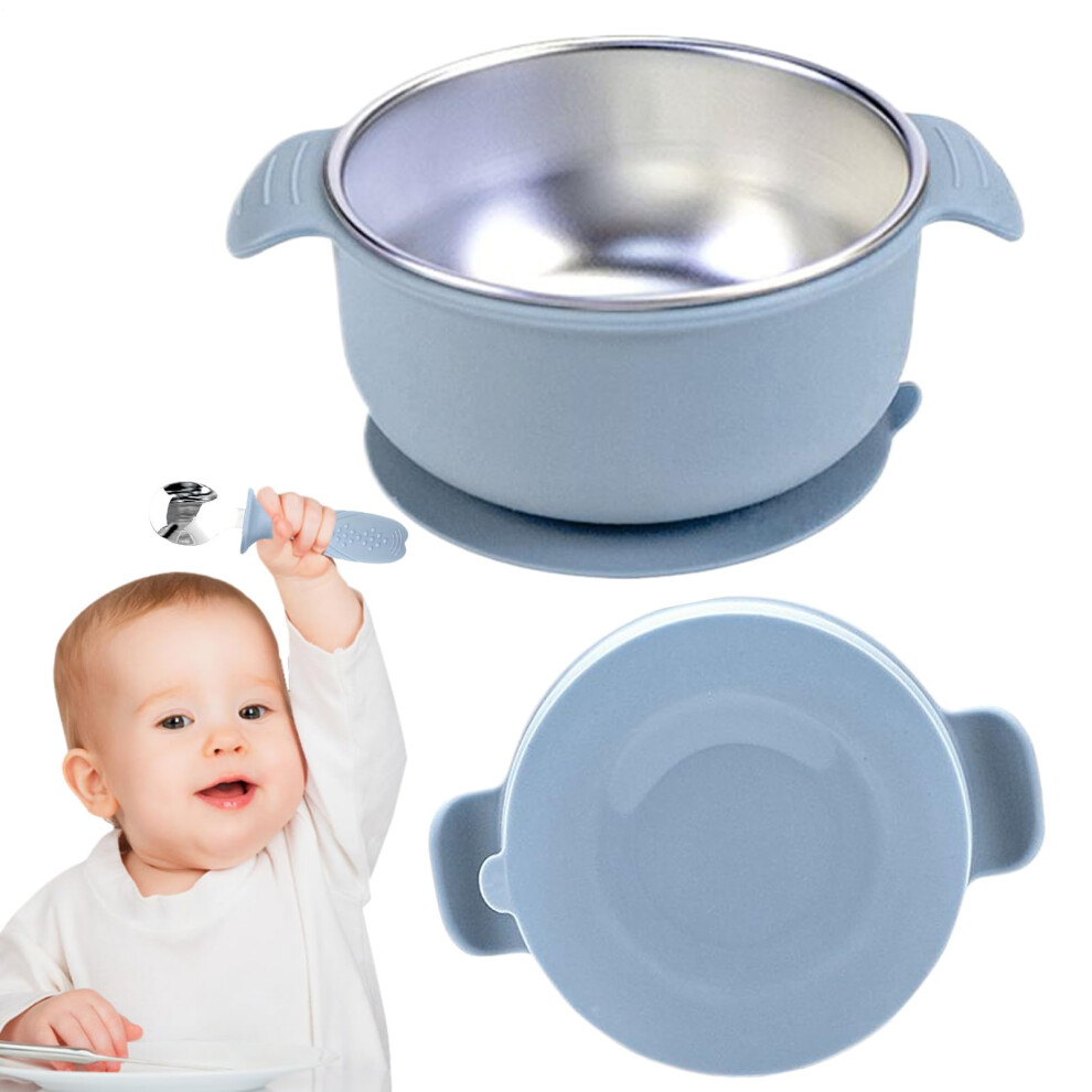 Baby Food Bowls Stainless Steel, Spill-Proof, Anti-Scald Food Container, Meal-Prep Snack Plate Blue