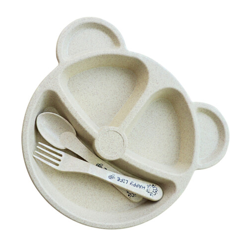 3Pcs Wheat Straw Divided Food Plate Set Bear Shape With Spoon Fork 1