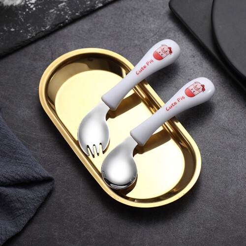 1 Set Children Tableware Spoon Fork Practicing Spoon White 2