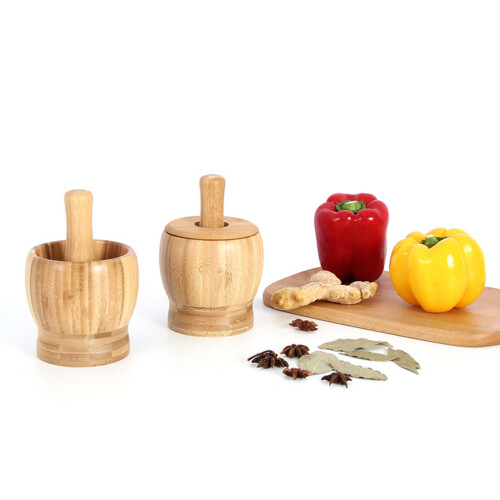 Bamboo Garlic Press Pot Mortar And Pestle Set With Lid 2