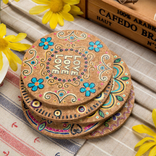 1 Pc Round Natural Cork Coaster Heat Resistant Patterned Table Mat 2