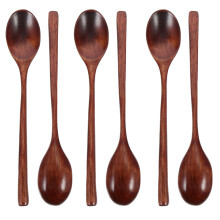 6Pcs Wooden Spoons Long Handle For Soup Rice Children