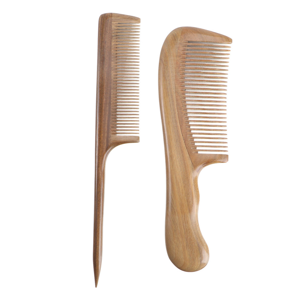 Vaguelly Unisex 2Pcs Natural Sandalwood Wide Teeth And Pointed Handle Combs