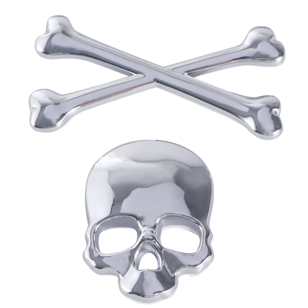 2Pcs 3D 3M Skull Metal Skeleton Sticker Decal Silver 032297150250