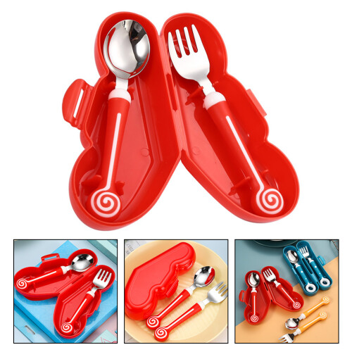 1 Set Kids Silicone Handle Learning Spoon Fork Toddler Eating Tool 2