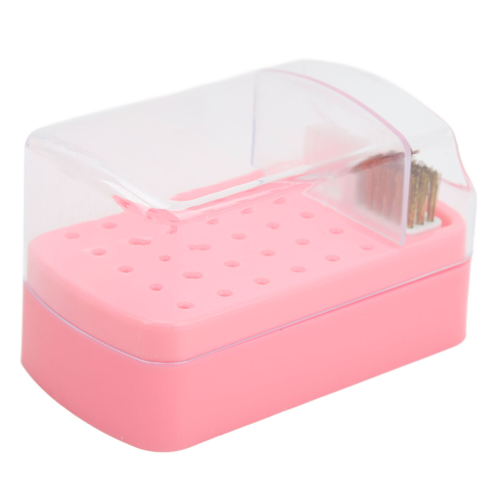 Pink 30-Hole Nail Drill Bit Organizer With Cleaning Brush Case Dustproof Stand