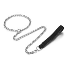 (Black) Durable Chew Proof Metal Dog Leash - Heavy Duty Chain Leash with Padded Handle for Medium Dogs