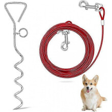 (5m Steel Wire Rope, Red) Heavy Duty Dog Tie Out Cable with Spring Stake for Medium to Large Dogs Up to 125 lbs - Yard & Camping Use