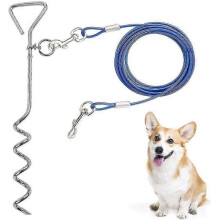 (10m Steel Wire Rope, Blue) Heavy Duty Dog Tie Out Cable with Spring Stake for Medium to Large Dogs Up to 125 lbs - Yard & Camping Use