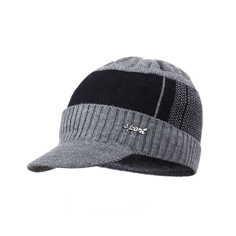 ( Hat Only) Men Winter Unisex Warm Hat Knit Visor Beanie Fleece Lined Beanie Cap With Brim Gray