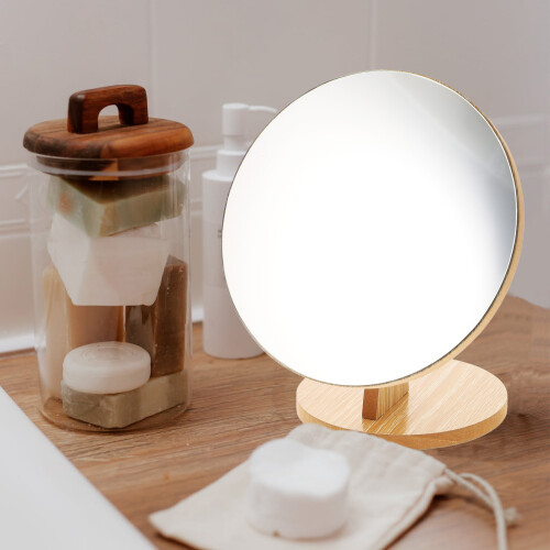 Flexible Wooden Round Vanity Mirror With Stand 2