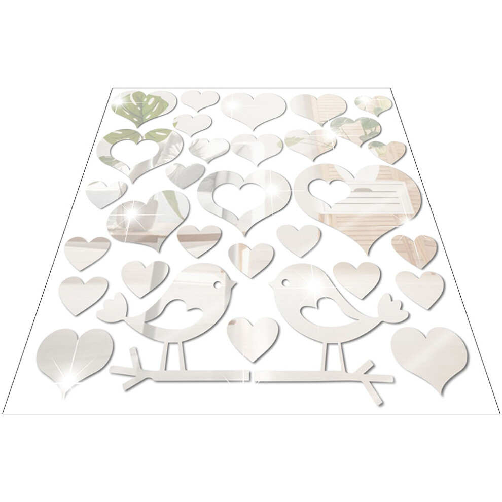 2Pcs Heart Birds Acrylic Mirror Wall Decor Sticker Ohphcall