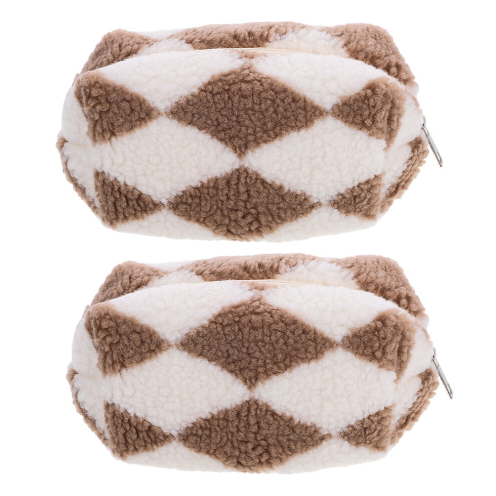Vaguelly 2Pcs Makeup Bag For Women Plush Checkered Cosmetic Pouch With Zipper