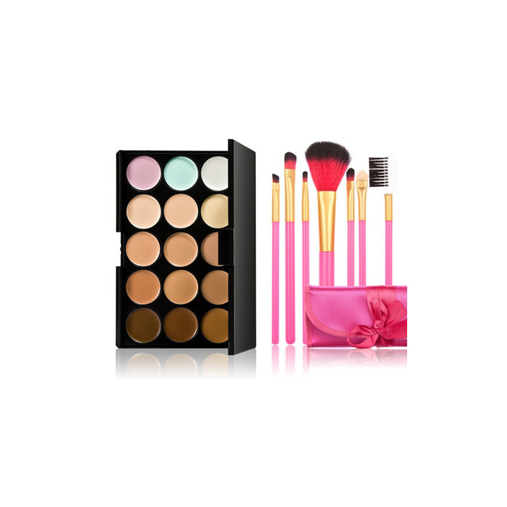 Villcase Cream/Pink 2Pcs 15 Colors Face Makeup Concealer With 7Pcs Brushes